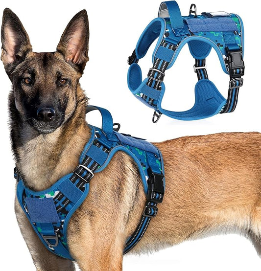 rabbitgoo Tactical Dog Harness for Large Dogs, No Pull Military Service Vest with Handle & Molle, Easy Control for Training Walking, Adjustable Reflective Straps, Blue Camo, XL