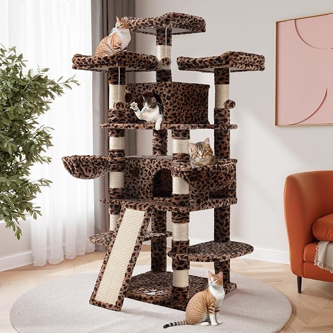 SHA CERLIN 68 Inches Multi-Level Large Cat Tree for Large Kitties/Big Cat Tower with Condo/Cozy Plush Pussycat Perches/Sisal Scratching Posts and Hammocks/Activity Center/Leopard Print