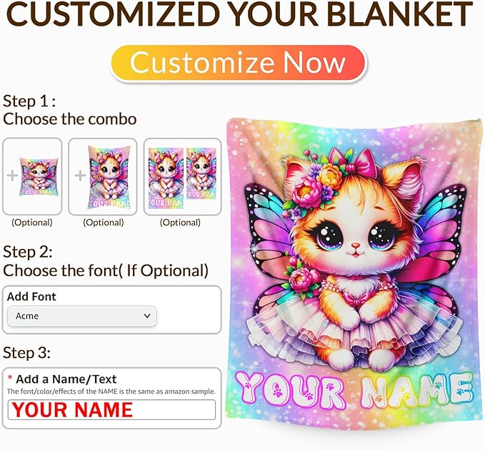 Personalized Cat Blanket for Girls Custom Throw for Kids Teens Cat Lovers - 60x80 Inches Soft Cozy Rainbow Print Throw Blankets for Sofa Couch Bed Travel Daughter Birthday Gift