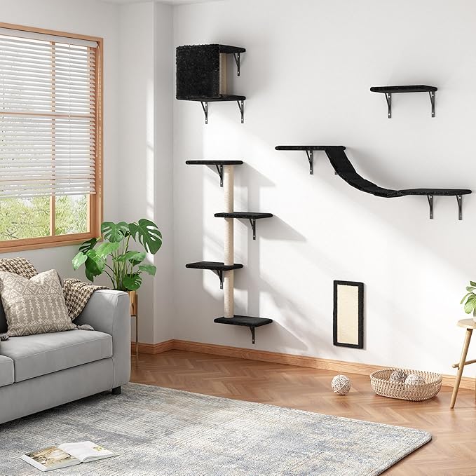 Cat Wall Shelves, Wall Mounted Cat Furniture, Cat Wall Cimber with Perches, Scratchers and Condo, Set of 5 (Black)