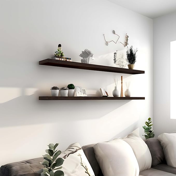 48 Inch Brown Wood Floating Shelves for Wall Rustic Wall Shelf for Bedroom Living Room Set of 4