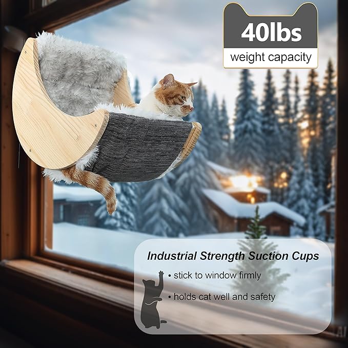 Window Cat Beds with Ultra Plush Hammock, Moon Shelves Mounted with Strong Suction Cups, Cat Window Seat for Overlooking and Sunbathing(Faux Wool Fur)