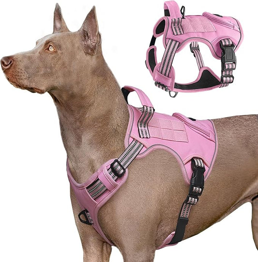 Heavy Duty Tactical Dog Harness for Large Dogs, Adjustable Reflective Service Vest with Control Handle & 4 Patches, No Pull Soft Padded Military Pet Harness for Training Walking Hiking (Pink, M)