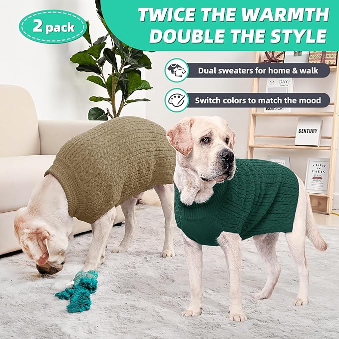 2 Pack Dog Sweaters for Big Dogs Turtleneck Pullover Cable Knit Large Size Stretch Clothes Pitbull Labrador Bulldog Doberman Boy Girl Pets Winter Clothes (XL, Green & Brown)