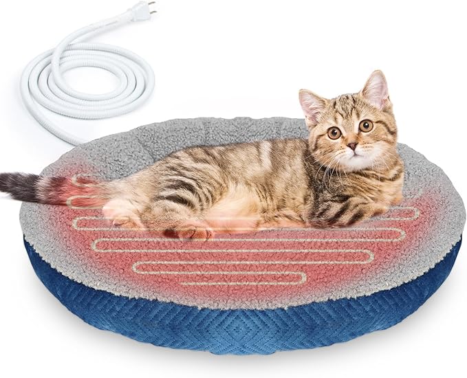 Heated Cat Beds for Indoor Cats Warming Cat Beds Super Soft Machine Washable Thermo Kitty Electric Heating Bed 19 Inches Round