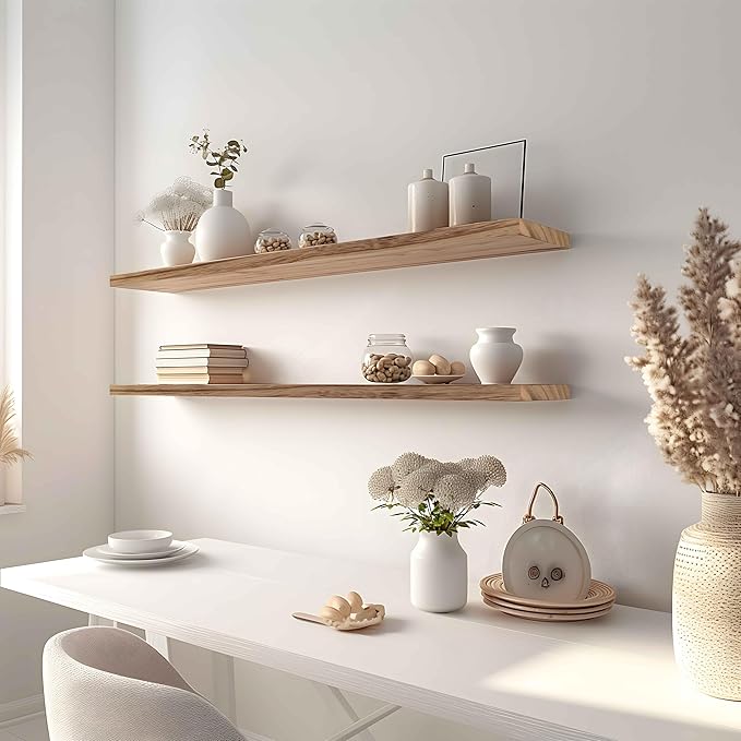 48 Inch Light Wood Floating Shelves for Wall Rustic Wall Shelf for Bedroom Living Room Set of 4