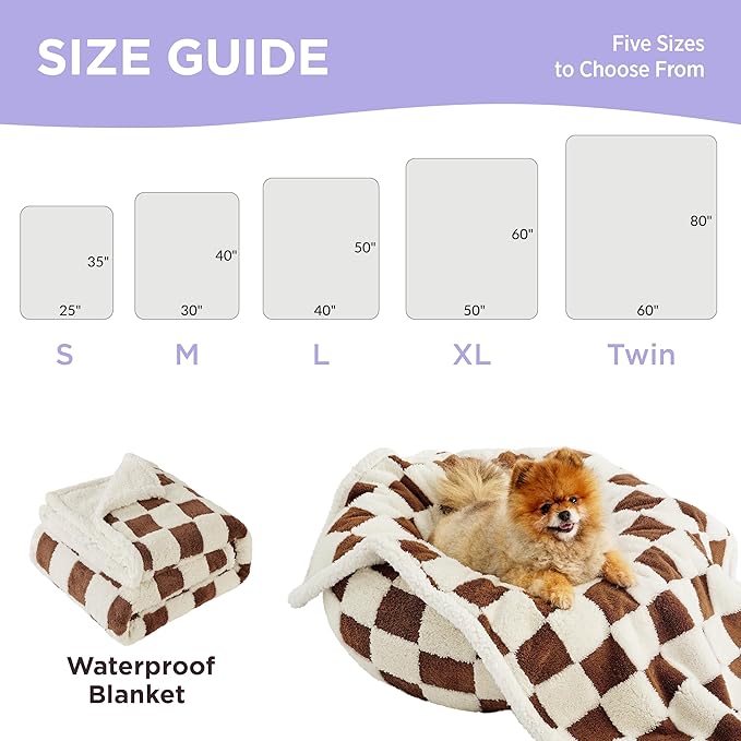 Lesure Waterproof Puppy Blanket for Small Dogs - Washable Double Sided Dog Blankets with Warm Jacquard Shag and Soft Sherpa Fleece, Pet Cat Blanket for Couch Protection, 3D Textured Checks, Brown
