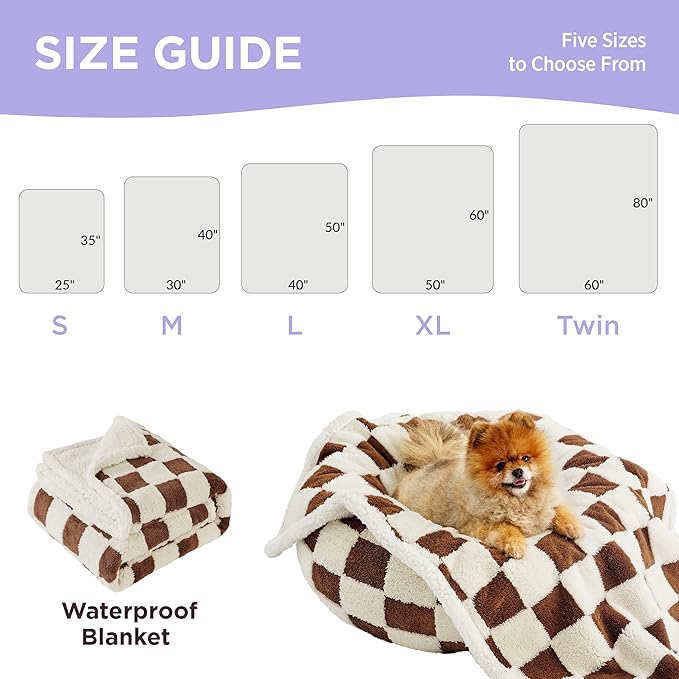 Lesure Waterproof Dog Blanket for Large Dogs - Washable Double Sided with Warm Jacquard Shag and Soft Sherpa Fleece, Pet Cat Blanket for Couch Protection, 3D Textured Checks, Brown