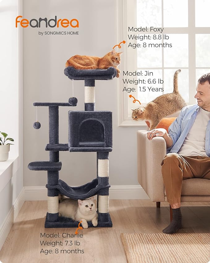 Feandrea Cat Tree, 44.1-Inch Cat Tower for Indoor Cats, Multi-Level Cat Condo with 4 Scratching Posts, 2 Perches, Hammock, Cave, Smoky Gray UPCT261G01