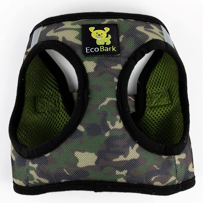 EcoBark Step in Dog Harness - Eco-Friendly Teacup Dog Harnesses for XXS, XS, and Small Dogs - Reflective and Adjustable Mini Body Halter Vest -Tiny Soft Mesh Toy Breed Harness Under 5 lbs (XXXS, Camo)