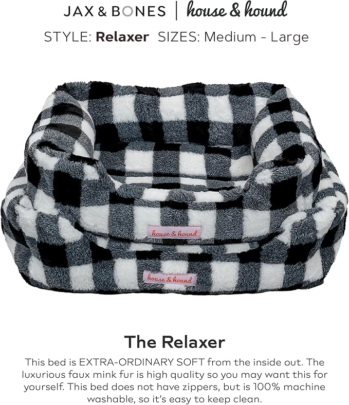 Jax & Bones Relaxer Plaid Dog Bed - Machine Washable Pet Bed for Medium Size Dogs - Hides Shedding Hair, Easy to Clean, Sleep Enhancing