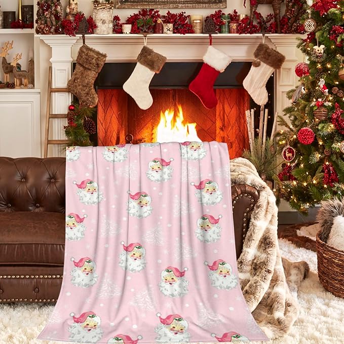 Xmas Santa Claus Blankets, Christmas Soft Lightweight Anti Pilling Pink Flannel Blanket for Women, 50x60 Inches Winter Tree Snowflake Decorative Aldult Throw Blanket for Couch Chair Living Bedroom