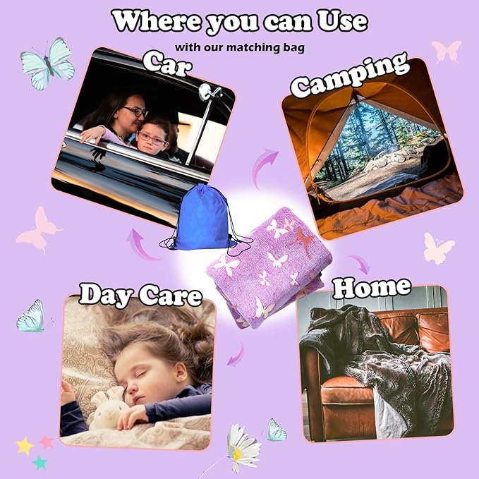 Best Gift Halloween Butterfly Glow in The Dark Throw Blanket with Storage Bag, Best Gift Soft Throw Blanket for Girls Boys, Camping Blanket, Gifts for Children Ages 1-10, Kids Blanket, Purple