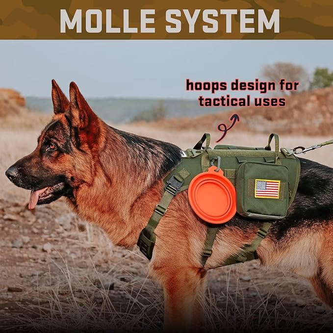 Forestpaw Tactical Dog Harness for Large Dogs,Tactical Dog Collar with Bungee Leash Set,No Pull Military Dog Harness for Walking Training,Adjustable for Medium Large Dogs,Green,Chest 15.5-25.5"