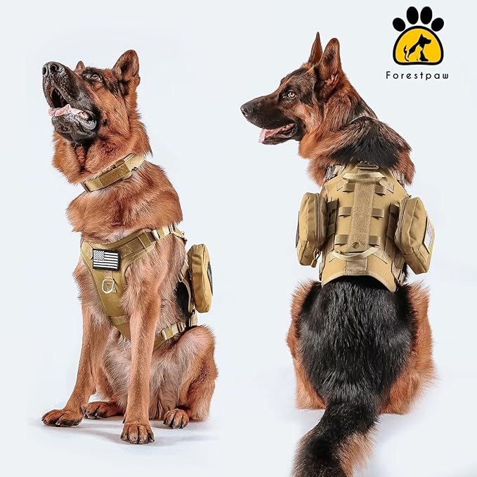 Forestpaw Tactical Dog Harness for Large Dogs,Tactical Dog Collar with Bungee Leash Set,No Pull Military Dog Harness for Walking Training,Adjustable for Medium Large Dogs,Khaki,Chest 19.5-41.5"