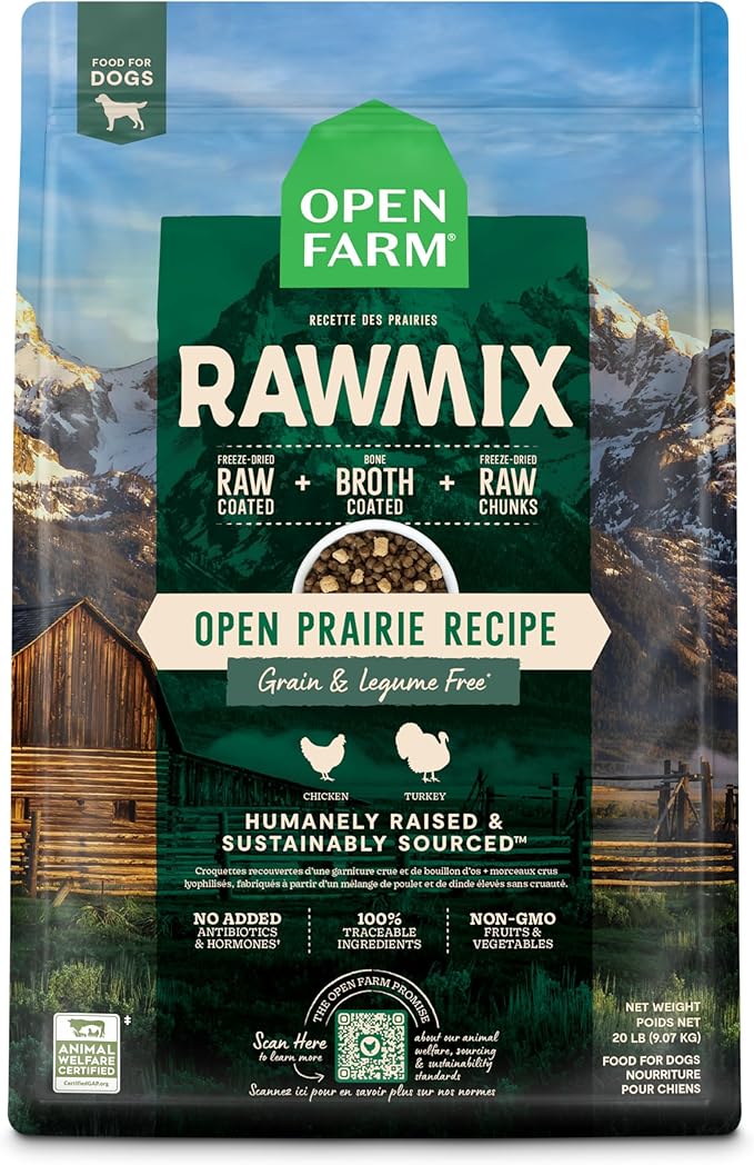 Open Farm, RawMix Grain-Free Dry Dog Food, Protein-Packed Kibble Coated in Bone Broth with Freeze Dried Raw Chunks, Chicken & Turkey, Open Prairie Recipe, 20lb Bag