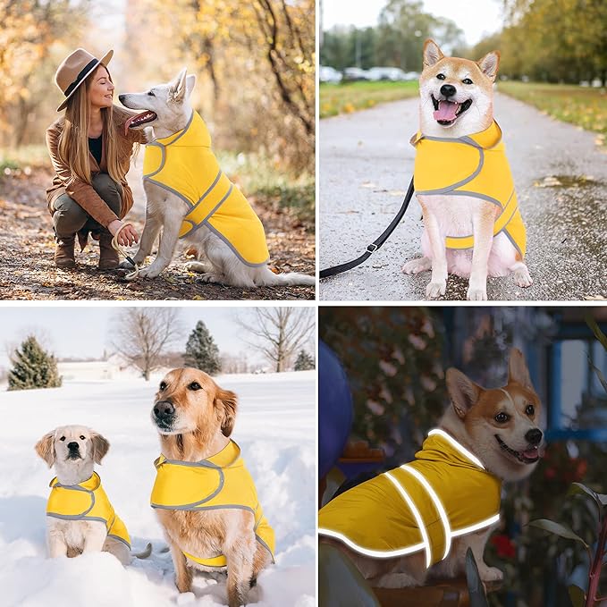 Dog Raincoat for Medium Dogs Waterproof Hooded Rain Jacket with Reflective Strips Leash Hole & Poncho Adjustable Fit (Yellow,L)