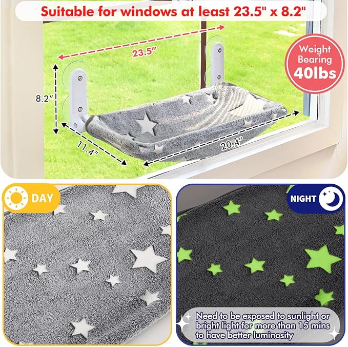 2PC Cat Window Perch, Glow in The Dark Cordless Foldable Pet Hammock Bed for Window with Sturdy Metal Frame, Stars Pattern Window Resting Seat for Indoor Cats (Stars Cat Bed, M-2PC)