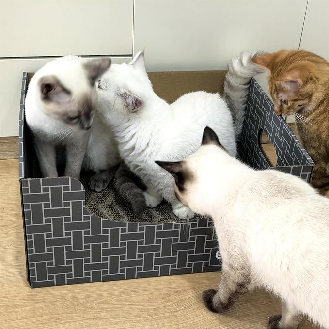 Extra Large Cat Cardboard Scratch with Box Bigger Space Double-Sided Scratching Refillable Pad Scratcher Board Window Handle Design Easy to Clean Scraps Scratched Bed for Indoor Cats (Grey)