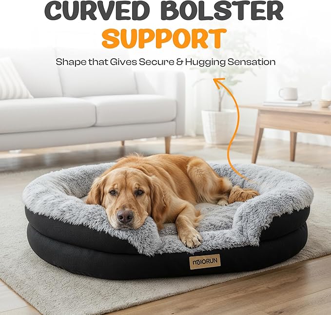 Fluffy Orthopedic Dog Bed for Small & Medium Dogs, Calming Plush Sofa Bed with Curved Bolster Support and Egg-Crate Foam Base, 35" Cozy Oval Pet Donut Bed with Washable Cover, Gray