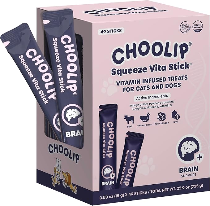 Choolip Squeeze Vita Stick Lickable Cat and Dog Treats – 49-Count Brain Support Sticks with Multivitamins, Soft Squeezable Paste for All Life Stages, Supporting Brain Health