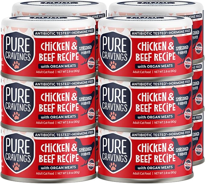 Pure Cravings Chicken and Beef Recipe in Broth, Shredded Wet Cat Food, Grain-Free Protein, Non-GMO, 12 Pack