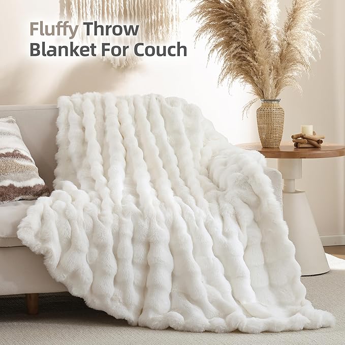 Smoofy Faux Fur Throw Blanket for Couch – Cream White Fluffy Cozy Rabbit Fleece, Plush Soft Bubble Blanket for Sofa & Bed, for Mom, Warm Fuzzy Home Room Decor Throw 60" x 80"