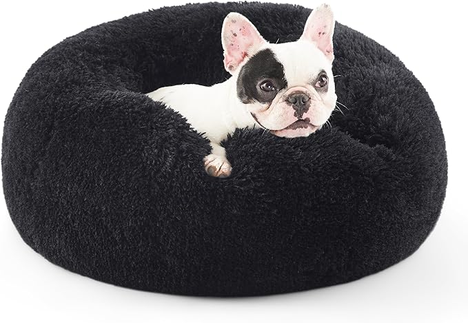 Bedsure Calming Dog Bed for Small Medium Dogs - Donut Washable Medium Pet Bed, 27 inches Anti-Slip Round Fluffy Plush Faux Fur Cat Bed, Black