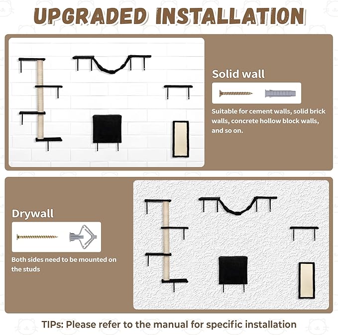 Cat Wall Shelves, Wall Mounted Cat Furniture, Cat Wall Cimber with Perches, Scratchers and Condo, Set of 5 (Black)