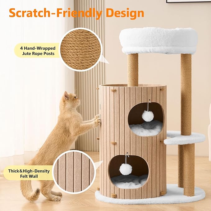 Modern Cat Tree for Indoor Cats Large Adult, 36in H Cat Condo Tower with Scratching Posts, Cozy Cat Bed Cave, Washable Cushions, Dangling Balls, Play&Nap Structure for All Breeds of Cats, Brown