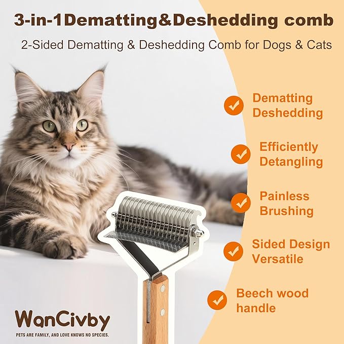 3-in-1Dematting & Deshedding Comb Undercoat Rake for Cats& Dogs,Detangling Matted Fur & Hair Remover Tool Pet Grooming Rake for Shedding and Dematting,Ergonomic beech wood handle (Square Handle)