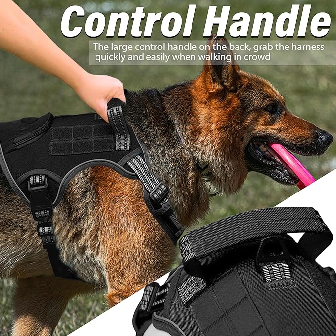 Heavy Duty Tactical Dog Harness for Large Dogs, Adjustable Reflective Service Vest with Control Handle & 4 Patches, No Pull Soft Padded Military Pet Harness for Training Walking Hiking (Pink, M)
