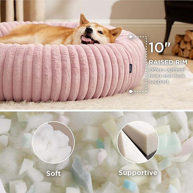 Bedsure Donut Large Dog Bed - Washable Faux Fur with Corduroy Fleece & Anti Slip Bottom, Round Pet Bed with Removable Cover, Blush Pink, 36x36x8 inches