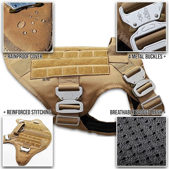 Tactical Dog Harness with 4 Metal Buckles, Waterproof; bite-Proof Military Grade Dog Vest, Stop pulls but Does not Choke Neck, Great with Prevents Escapes, Heavy-Duty Dog Harness for Medium Dogs