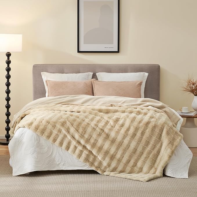 Cozy Bliss Fluffy Faux Fur Blanket King Size for Bed, Fuzzy Soft Striped Plush Blanket, Thick Throw for Bedroom Couch Gift, 108x90 Inches Beige