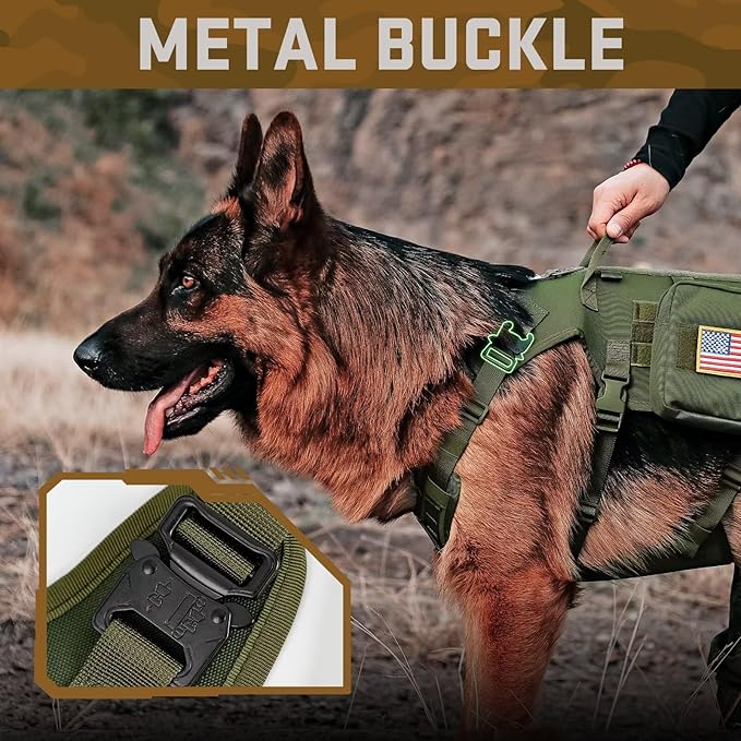 Forestpaw Tactical Dog Harness for Large Dogs,Tactical Dog Collar with Bungee Leash Set,No Pull Military Dog Harness for Walking Training,Adjustable for Medium Large Dogs,Green,Chest 21.5-45"