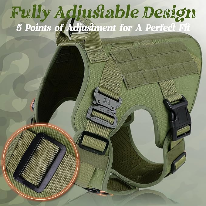 rabbitgoo Tactical Dog Harness for Large, Heavy Duty Pet Harness with Handle, No-Pull Service Vest Large Breed, Adjustable Military Dog Vest for Training Hunting Walking, Green, XL