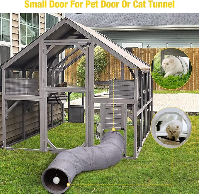 Aivituvin Catio for Multiple Cats, Large 56.54ft² Outdoor Enclosure, Weatherproof w/ 2 Bridges, 7 Trails, 2 Houses, Grey
