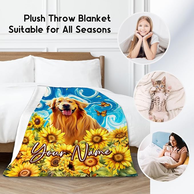 Golden Retriever Blankets for Boys/Girls/Women/Men - Customized Dog Blanket for Dog Lovers - Soft Cozy Lightweight Sunflower Throws Gifts - 4 Sizes