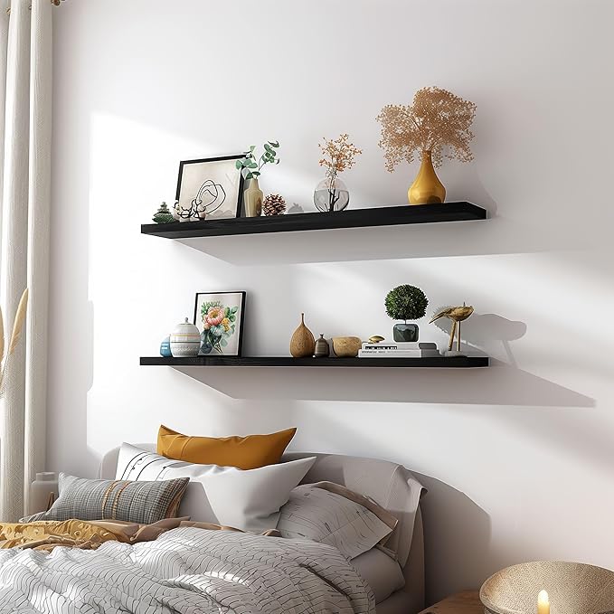48 Inch Black Wood Floating Shelves for Wall Rustic Wall Shelf for Bedroom Living Room Set of 4