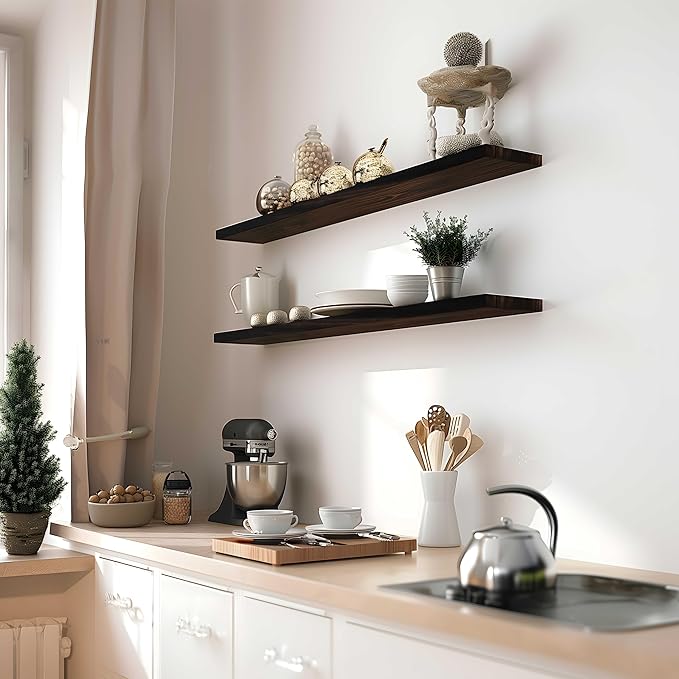 48 Inch Brown Wood Floating Shelves for Wall Rustic Wall Shelf for Bedroom Living Room Set of 4