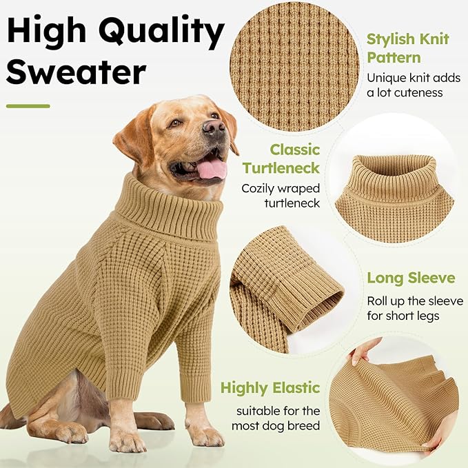 Queenmore Large Dog Sweater, Long Sleeve Knitted Dog Sweater with Check Pattern, Fall Winter Warm Pet Sweaters, Solid Pull-on Pet Sweater for Cats, Brown L