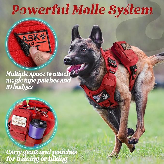 rabbitgoo Tactical Dog Harness for Large, Heavy Duty Pet Harness with Handle, No-Pull Service Vest Large Breed, Adjustable Military Dog Vest for Training Hunting Walking, Red, L