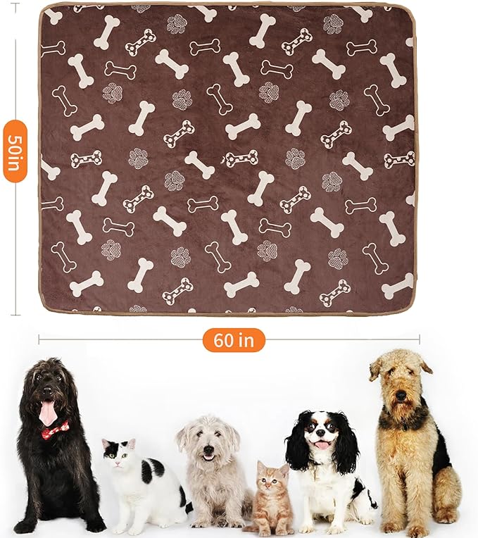 Waterproof Dog Blankets Pet Blanket 50"x60", Soft Fluffy Sofa Car Bed Protector, Reversible Sherpa Fleece Dog Blanket for Large Dogs (Chocolate Brown-Bones)