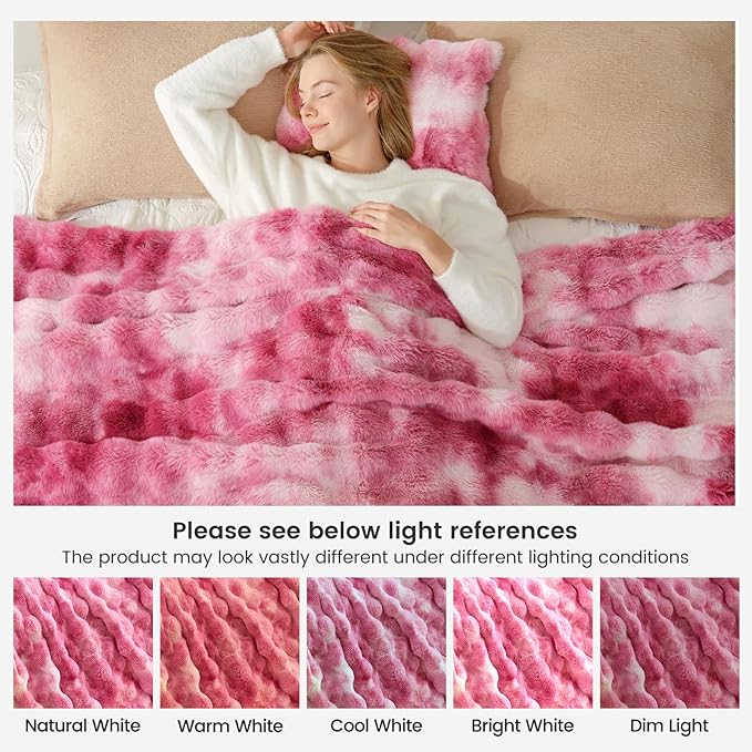 Cozy Bliss Faux Fur Throw Blanket for Couch, Bubble Plush Blanket Queen Size, Fuzzy Soft & Thick Blanket for Bed Sofa Living Room, 90x90 Inches Tie-dye Pink