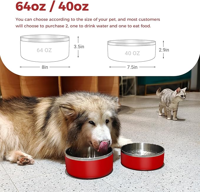 Dog Bowl, Stainless Steel Dog Food and Water Bowl with Non Slip Quiet Bottom, Easy to Clean, Dishwasher Safe, 64oz, Red