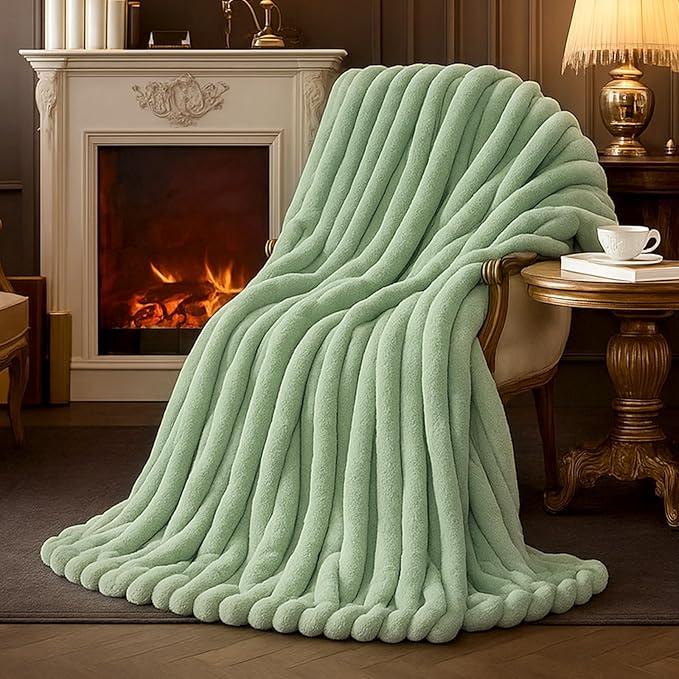 Amélie Home Faux Fur Throw Blanket for Couch, Cozy Fuzzy Fluffy Fur Luxurious Soft Striped Plush Gift Blankets for Family Sofa Chair Bedroom, 55"x70", Sage Green