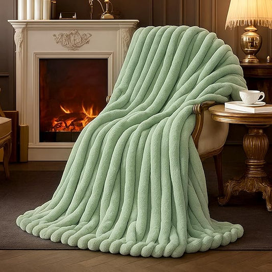 Amélie Home Faux Fur Throw Blanket for Couch, Cozy Fuzzy Fluffy Fur Luxurious Soft Striped Plush Gift Blankets for Family Sofa Chair Bedroom, 55"x70", Sage Green