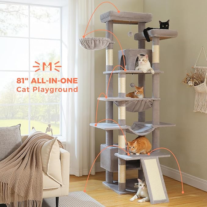 81 Inches Tall Cat Tree for Indoor Cats Large Adult - Multi-Level Cat Tower with Large Metal Frame Hammock, 2-in-1 Scratching Ramp, 2 Top Perches, 2 Cozy Condos & 6 Scratching Posts - Grey