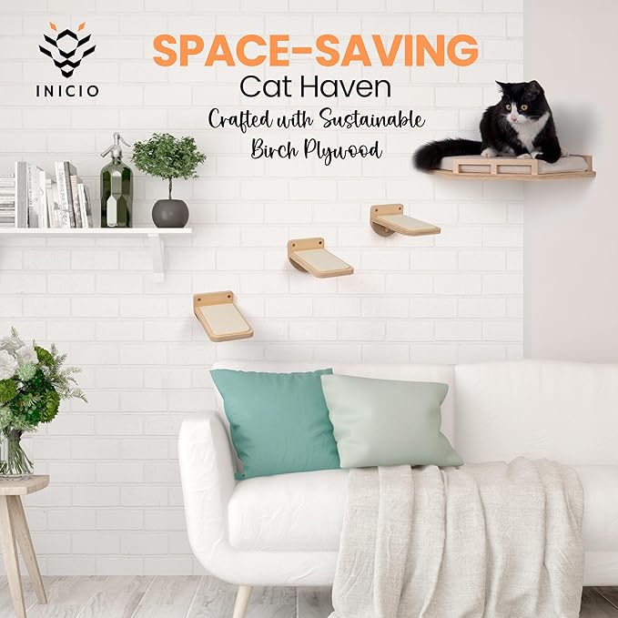 INICIO Cat Wall Shelves - Modern and Durable 3 Step Cat Furniture for Wall - Stylish Birch Floating Shelf for Cats up to 15lbs - Wooden Corner Shelves with Cushioned Perch - Natural Wood